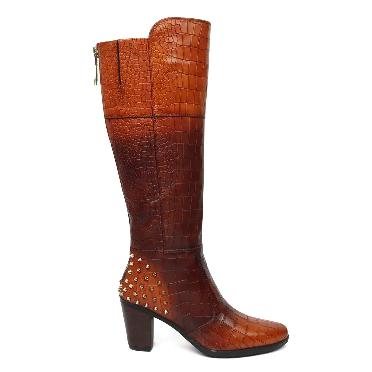 Dual Tone Tan-Brown Deep Cut Croco Leather knee Length Ladies Zipper Boots by Brune & Bareskin