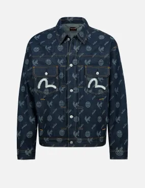 Eagle and Kamon Allover Discharged Print Denim Jacket