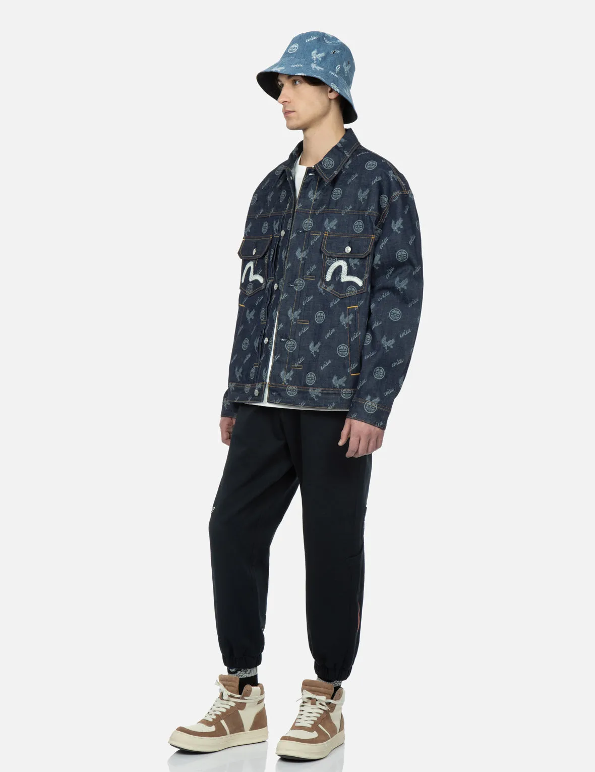 Eagle and Kamon Allover Discharged Print Denim Jacket