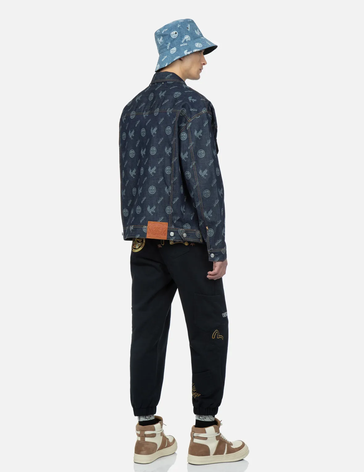 Eagle and Kamon Allover Discharged Print Denim Jacket