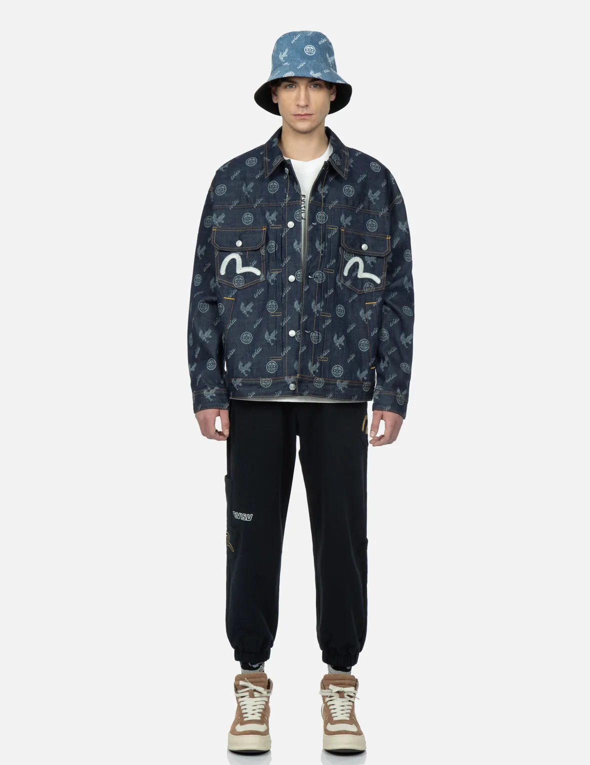 Eagle and Kamon Allover Discharged Print Denim Jacket