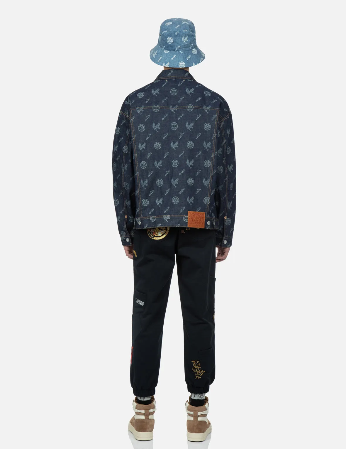 Eagle and Kamon Allover Discharged Print Denim Jacket