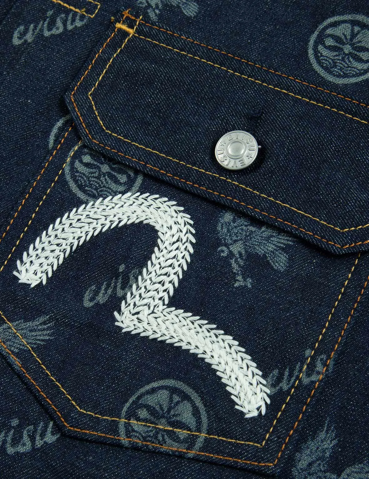 Eagle and Kamon Allover Discharged Print Denim Jacket