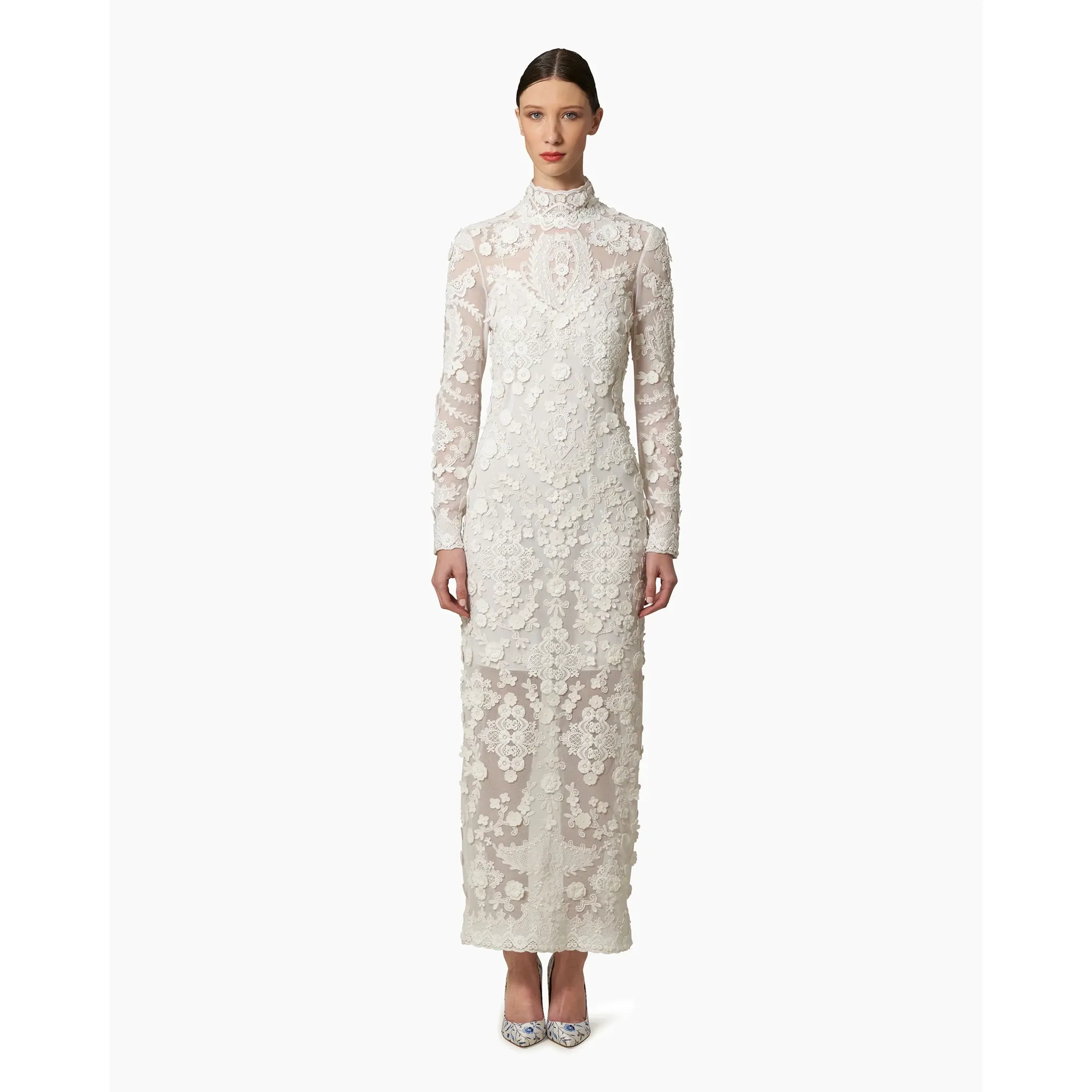 Embellished Turtleneck Column Gown | White