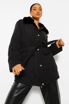 Faux Fur Collar Belted Puffer Jacket