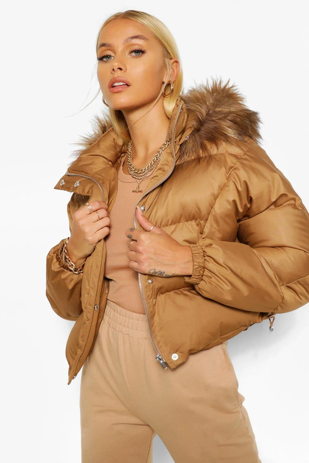 Faux Fur Trim Coated Satin Puffer Jacket