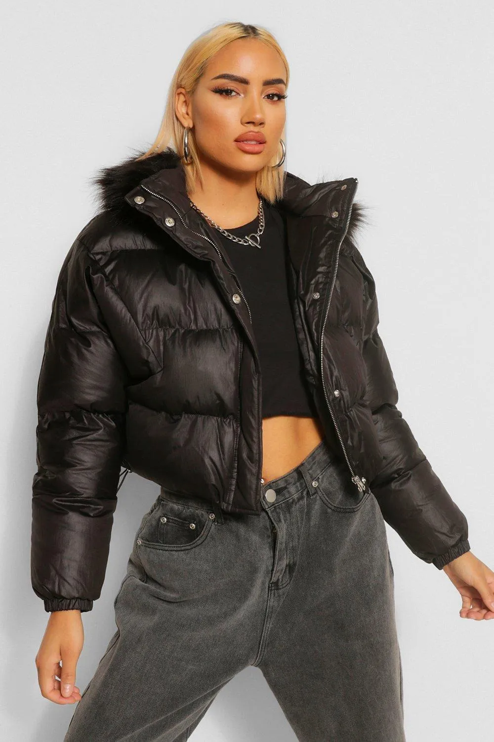 Faux Fur Trim Coated Satin Puffer