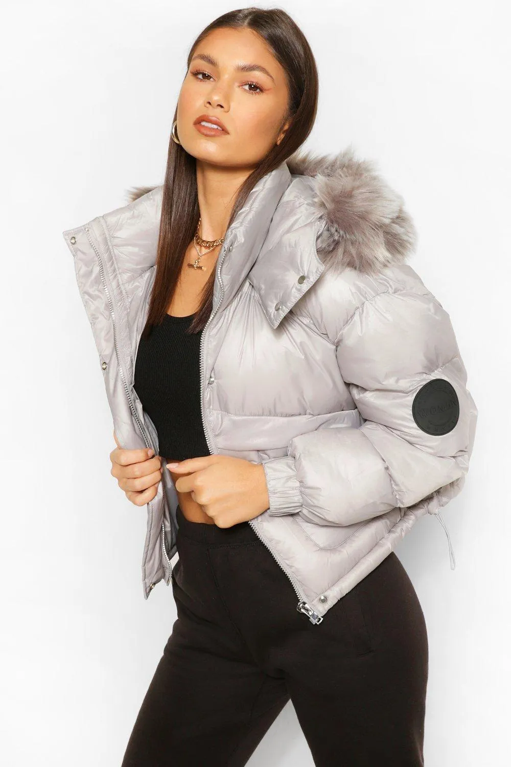 Faux Fur Trim Crop Sporty Puffer