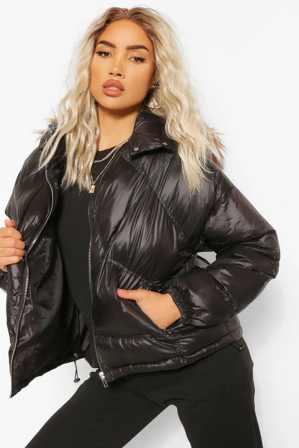 Faux Fur Trim Diamond Quilt Puffer Jacket