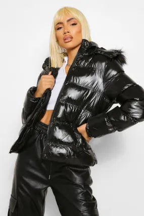 Faux Fur Trim High Shine Puffer