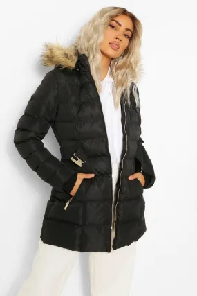 Faux Fur Trim Hooded Belted Puffer Jacket