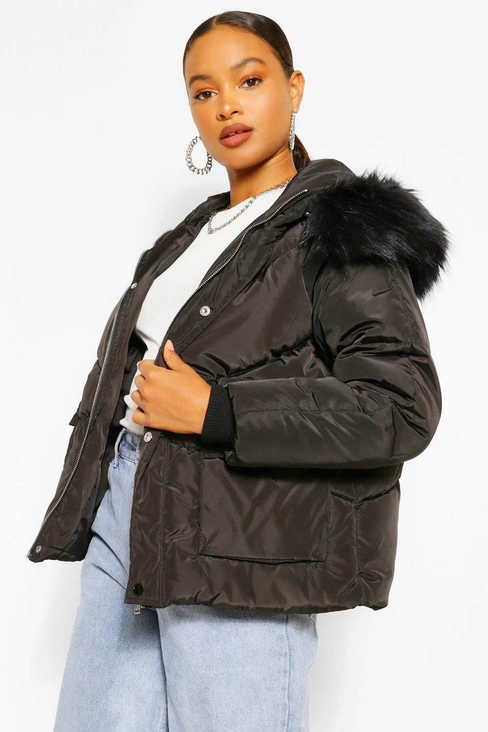 Faux Fur Trim Hooded Puffer Jacket