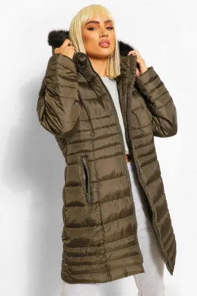 Faux Fur Trim Longline Puffer Jacket