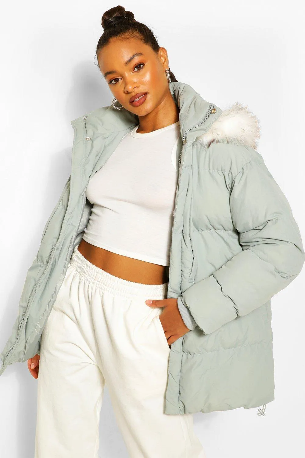 Faux Fur Trim Mid Length Puffer Jacket