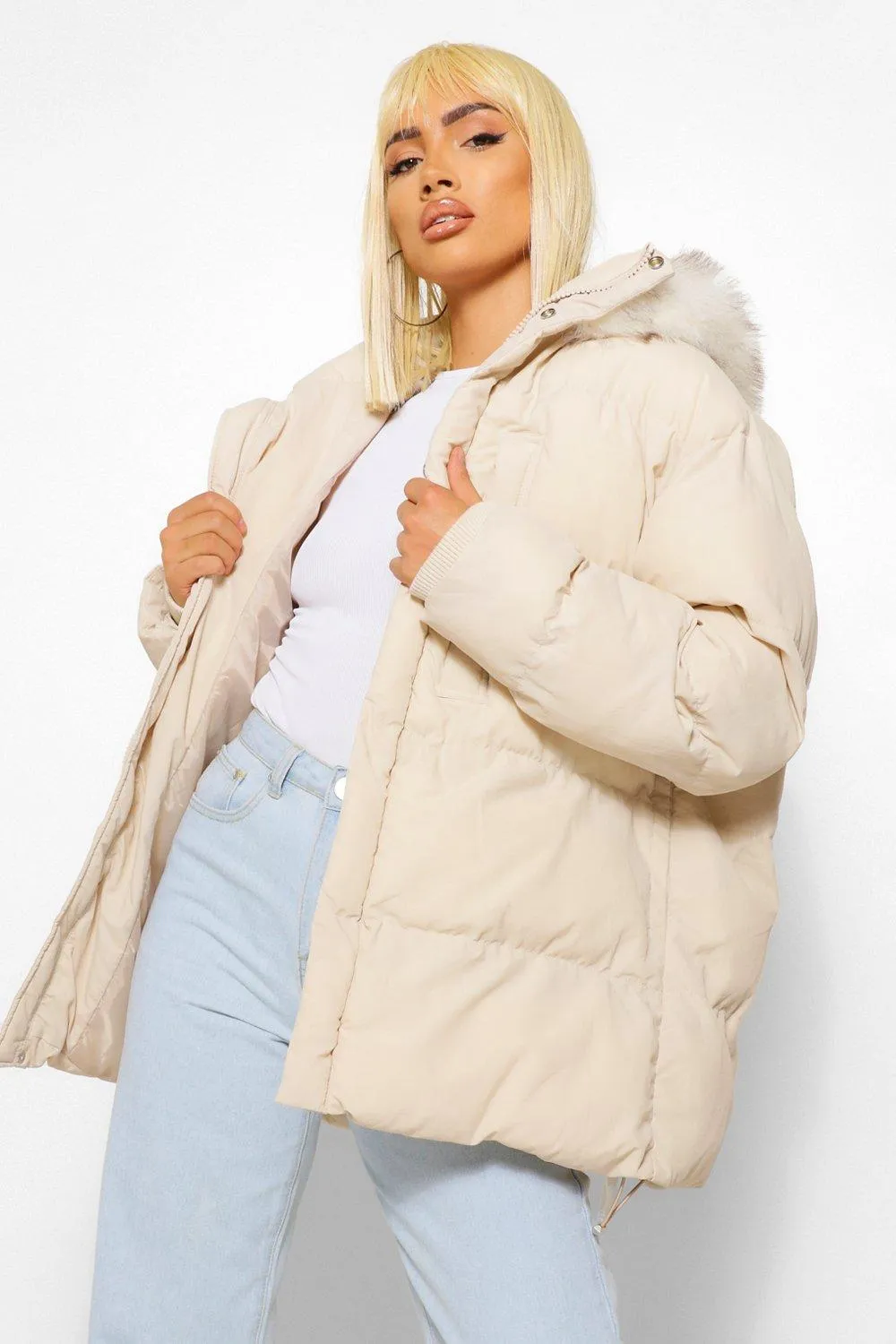 Faux Fur Trim Pocket Detail Mid Length Puffer