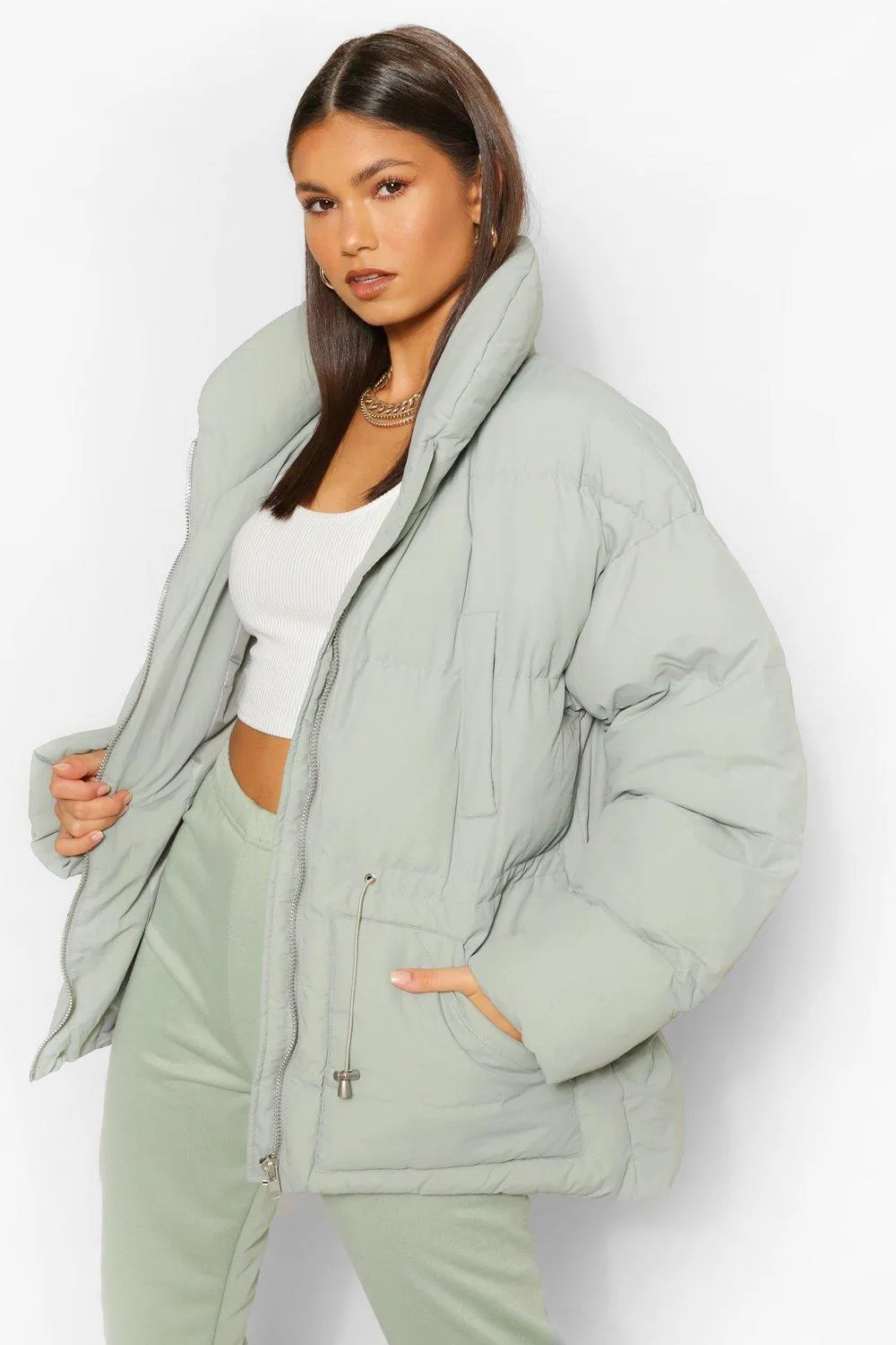 Funnel Neck Waist Detail Puffer Jacket