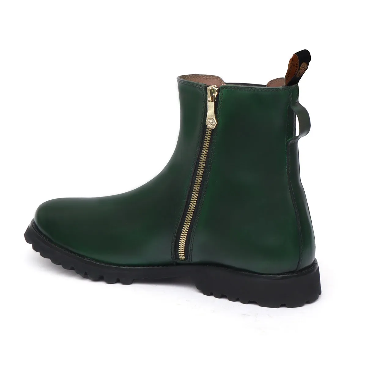 Green Hand Made Ankle Length Side Zip Light Weight Leather Sole Ladies Boots By Brune & Bareskin