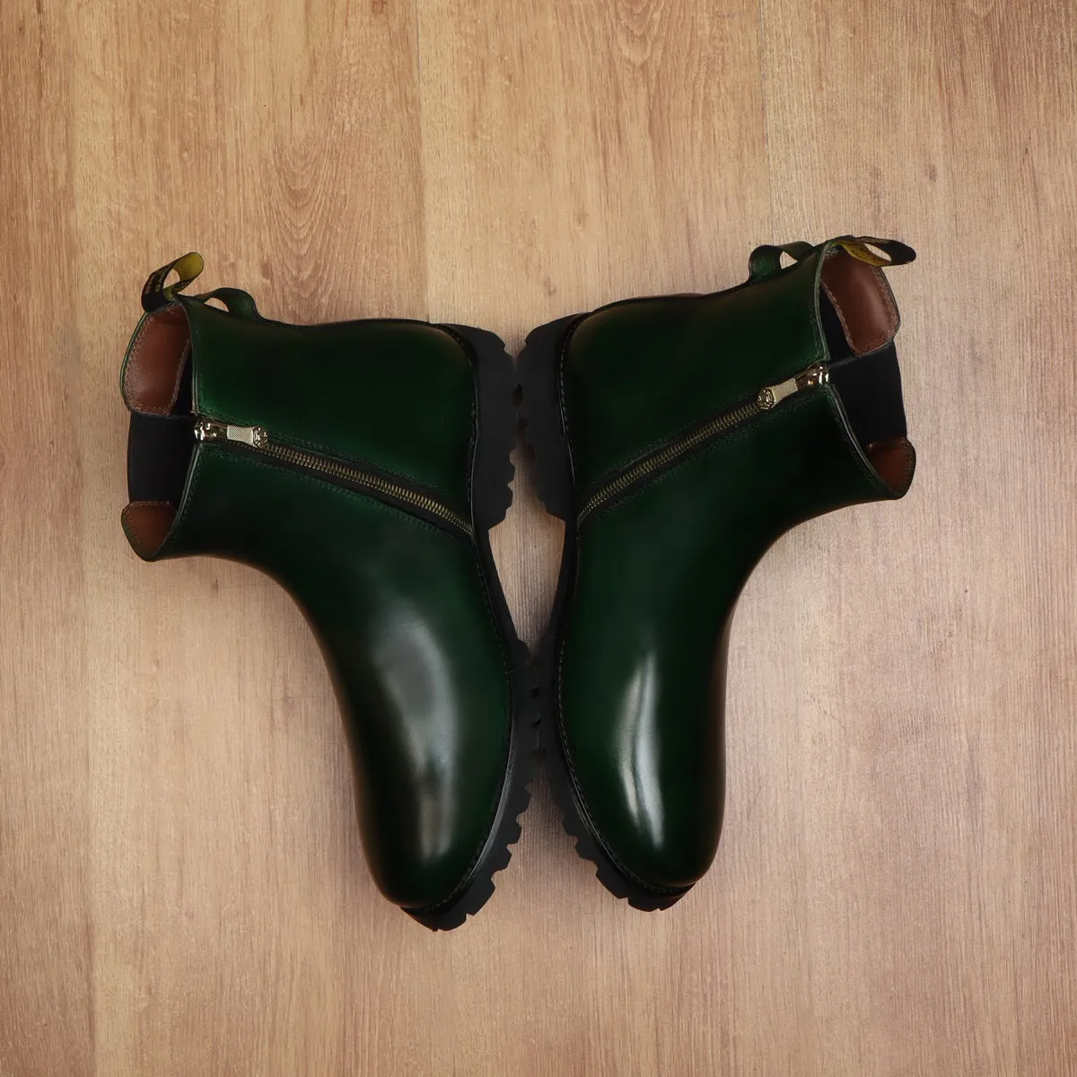 Green Hand Made Ankle Length Side Zip Light Weight Leather Sole Ladies Boots By Brune & Bareskin