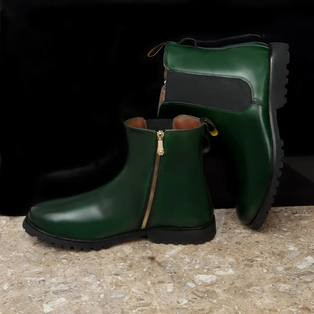 Green Hand Made Ankle Length Side Zip Light Weight Leather Sole Ladies Boots By Brune & Bareskin