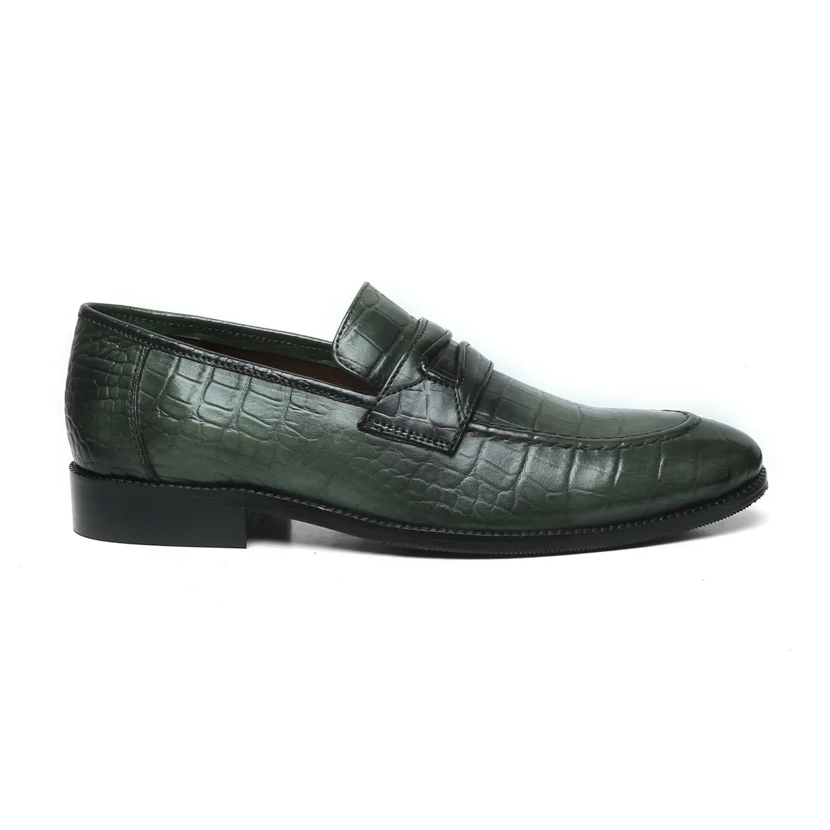 Green Penny Loafers in Deep Cut Leather