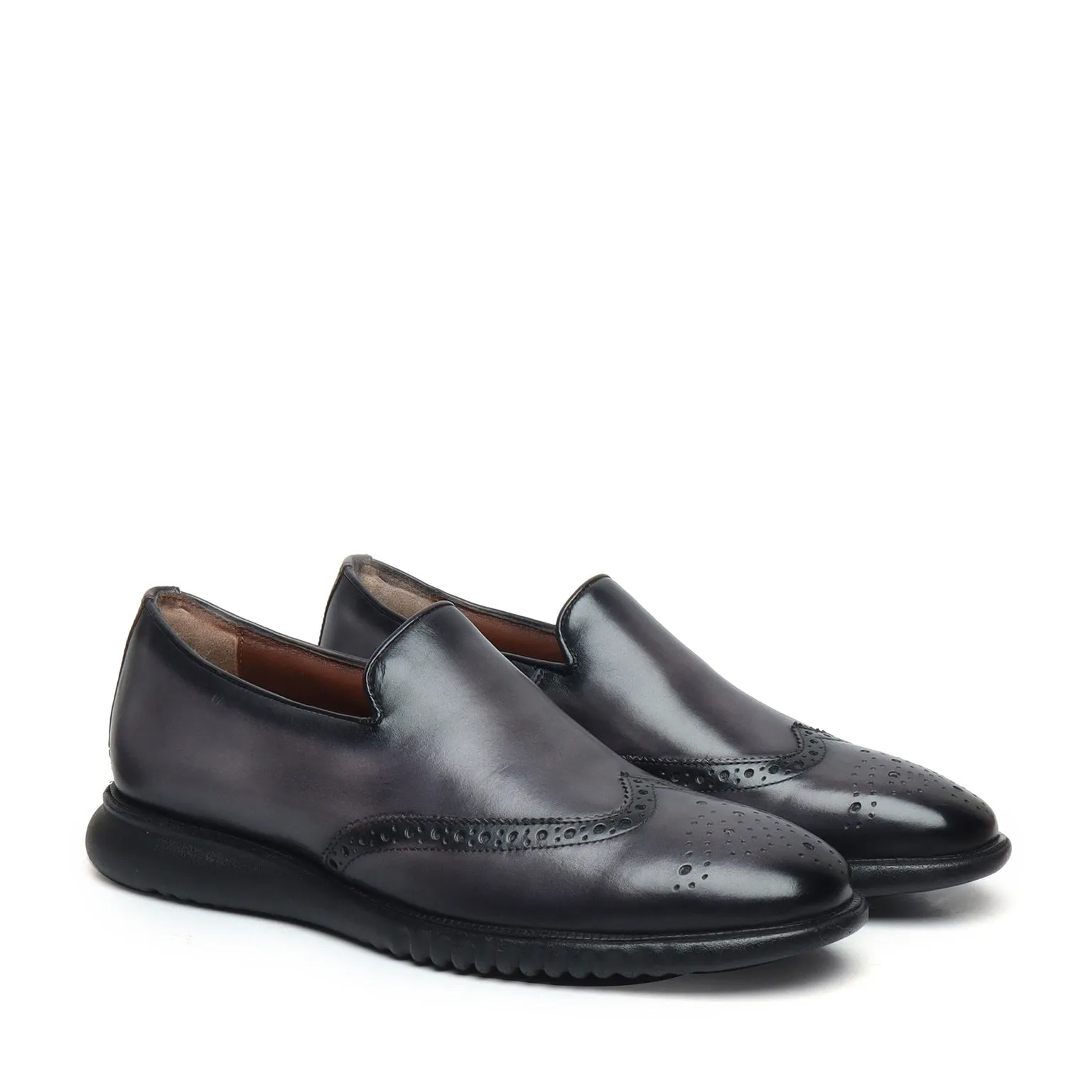 Grey Burnished Leather Wingtip Light Weight Loafers By Brune & Bareskin