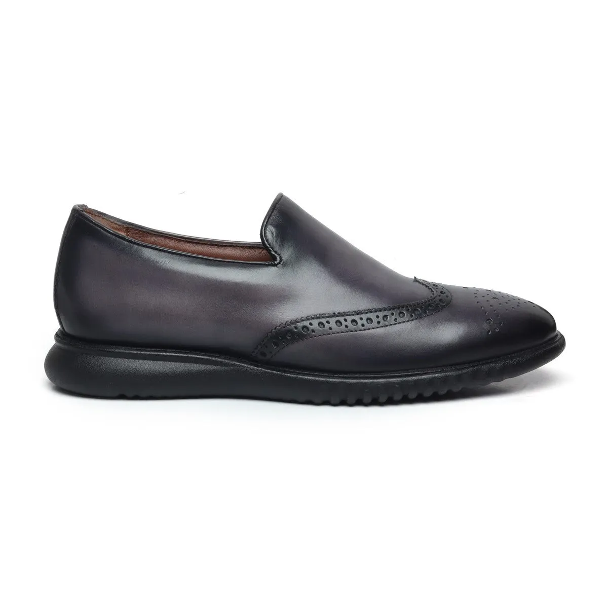 Grey Burnished Leather Wingtip Light Weight Loafers By Brune & Bareskin