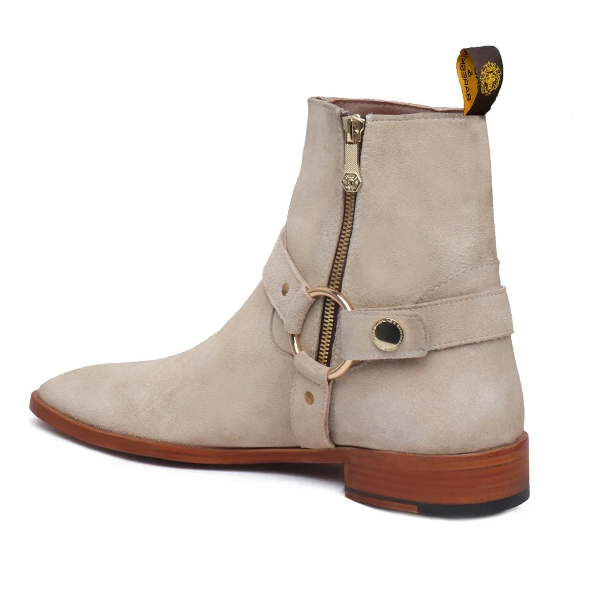 Hand Made Beige Chelsea Boots in Suede Leather with Stylish Buckle by Brune & Bareskin