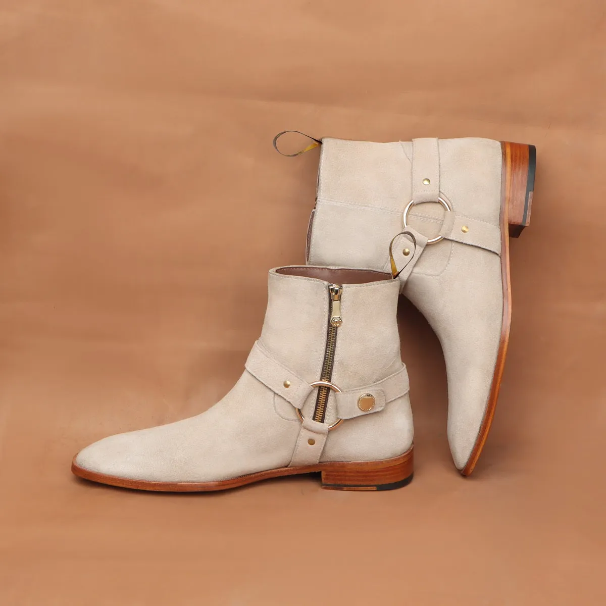 Hand Made Beige Chelsea Boots in Suede Leather with Stylish Buckle by Brune & Bareskin