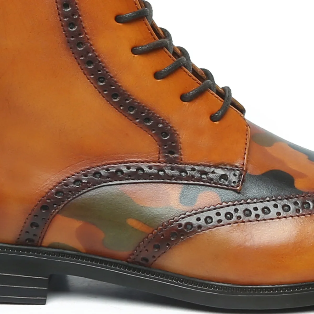 Handpainted Camo Vamp Tan Wingtip Brogue Light Weight Formal Leather Boots By Brune & Bareskin