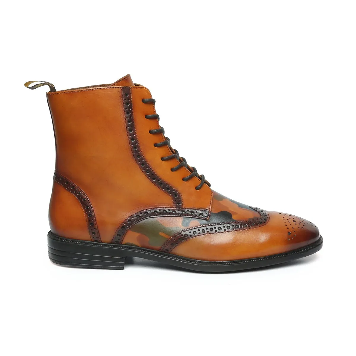 Handpainted Camo Vamp Tan Wingtip Brogue Light Weight Formal Leather Boots By Brune & Bareskin