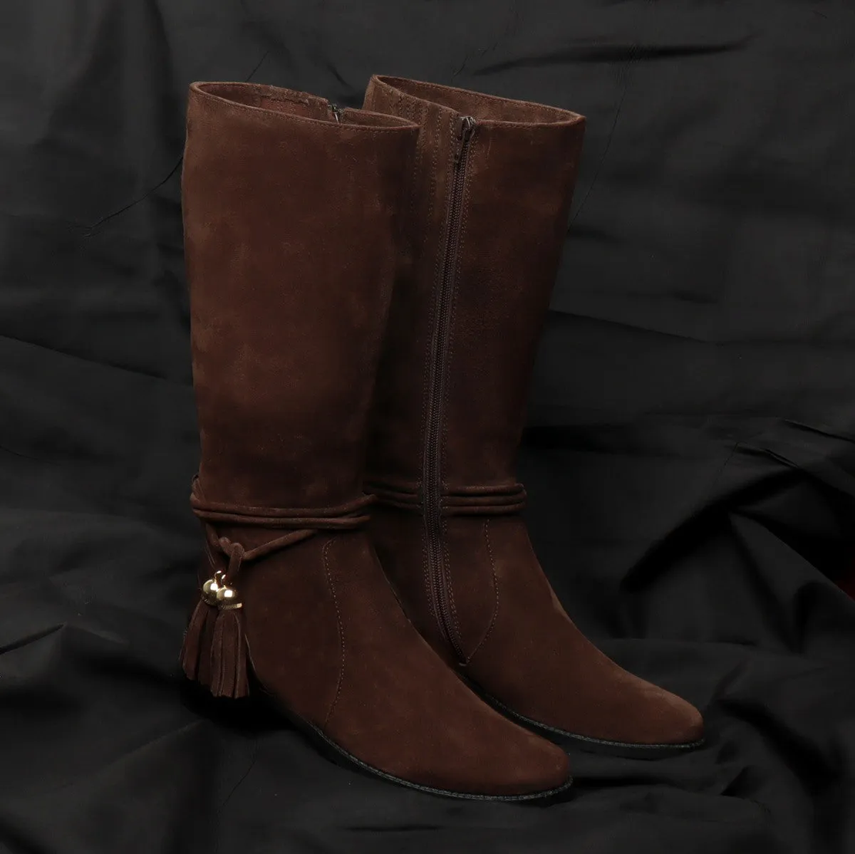 High Ankle Ladies Boots Tassel Dark Brown Suede Leather With Side Zip By Brune & Bareskin