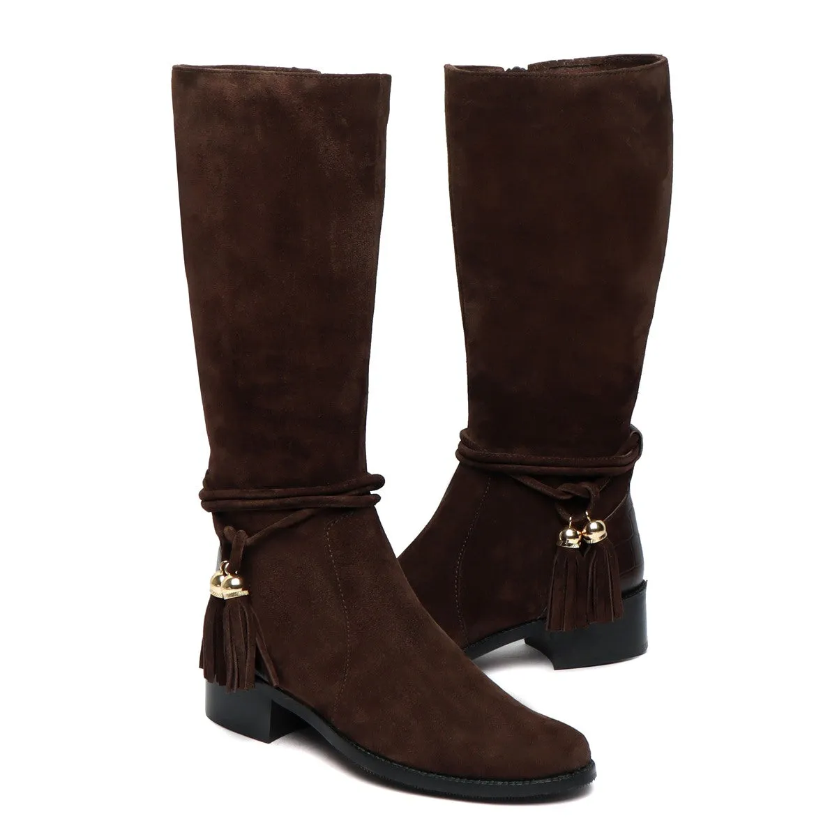 High Ankle Ladies Boots Tassel Dark Brown Suede Leather With Side Zip By Brune & Bareskin