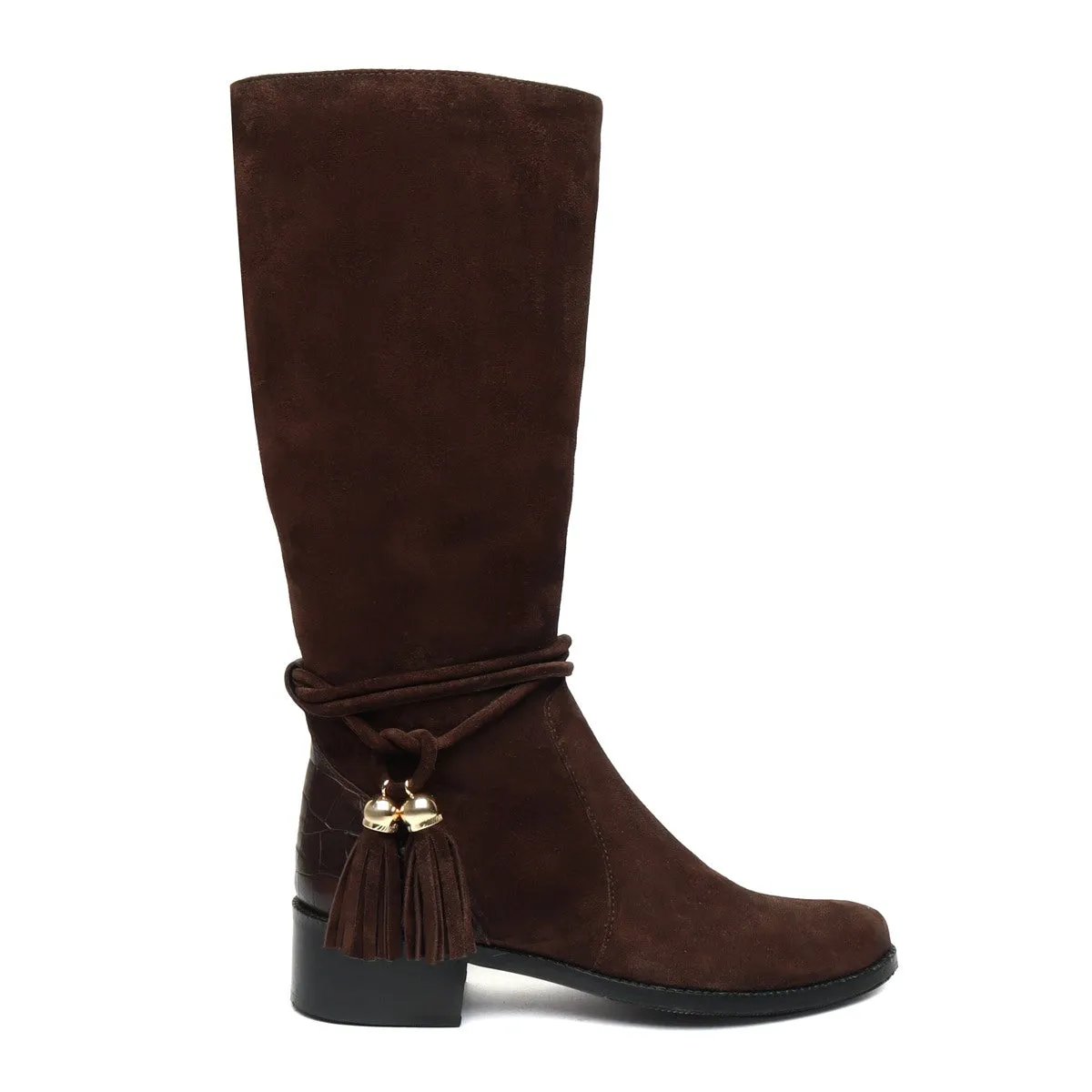 High Ankle Ladies Boots Tassel Dark Brown Suede Leather With Side Zip By Brune & Bareskin