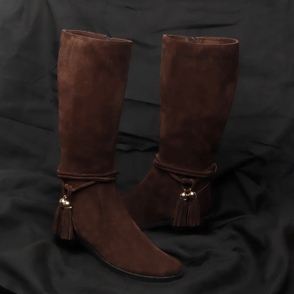 High Ankle Ladies Boots Tassel Dark Brown Suede Leather With Side Zip By Brune & Bareskin