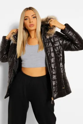 High Shine Faux Fur Trim Fitted Puffer Jacket