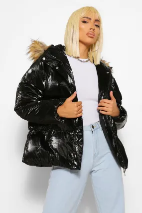 High Shine Faux Fur Trim Puffer Jacket