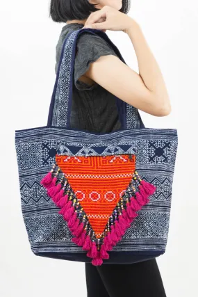 Hmong Indigo Batik and Embroidered Tote Bag with Pink Tassels