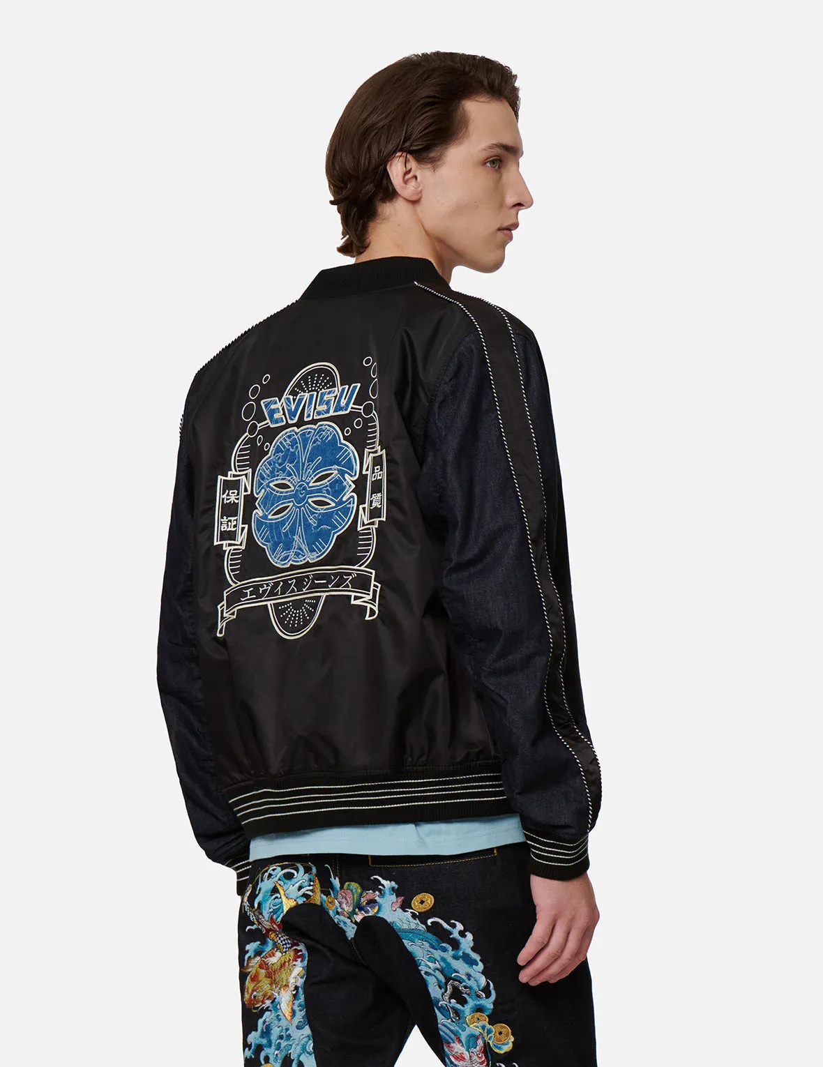 Japanese-pattern Kamon Appliqué Padded Bomber Jacket