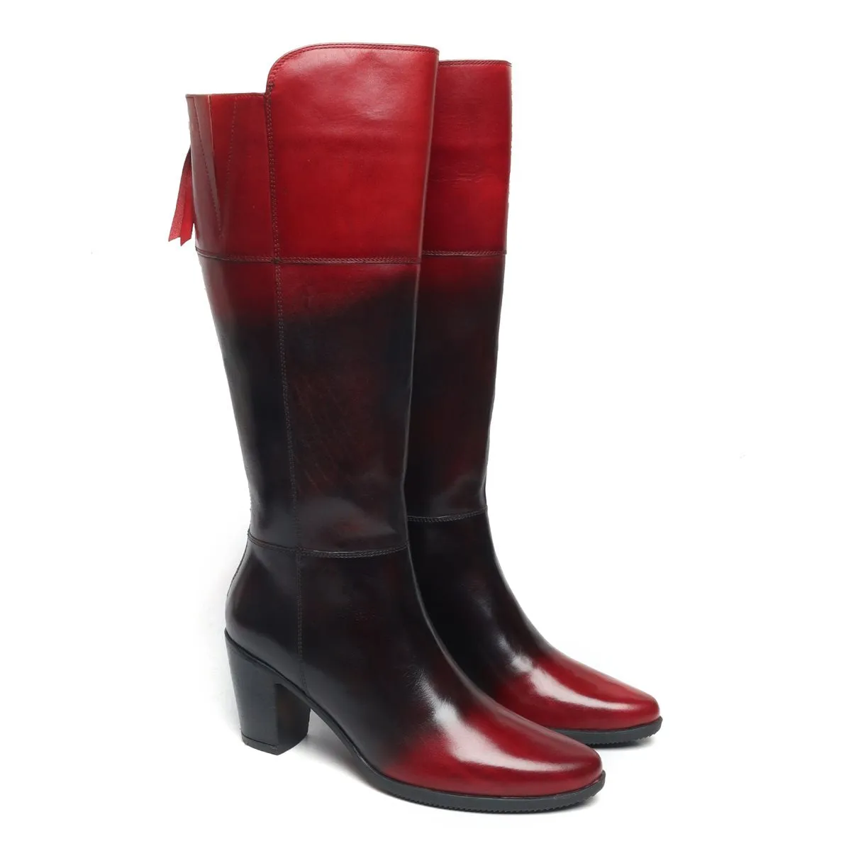 Knee Height Blocked Heel Boots with Dual Tone Black-Wine Genuine Leather By Brune & Bareskin