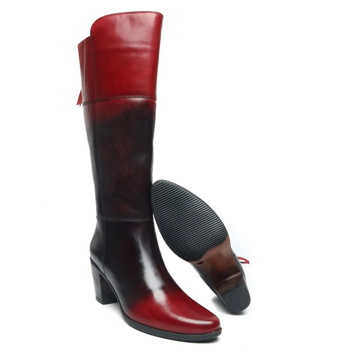 Knee Height Blocked Heel Boots with Dual Tone Black-Wine Genuine Leather By Brune & Bareskin