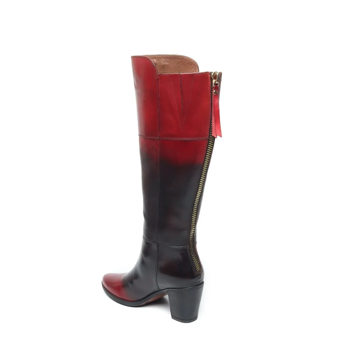 Knee Height Blocked Heel Boots with Dual Tone Black-Wine Genuine Leather By Brune & Bareskin