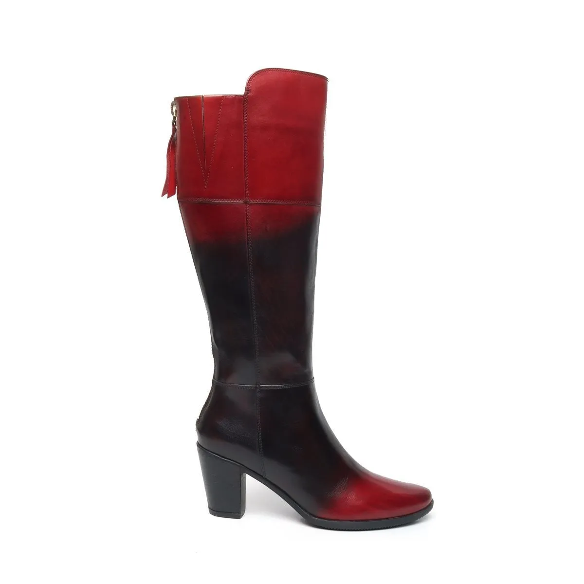 Knee Height Blocked Heel Boots with Dual Tone Black-Wine Genuine Leather By Brune & Bareskin