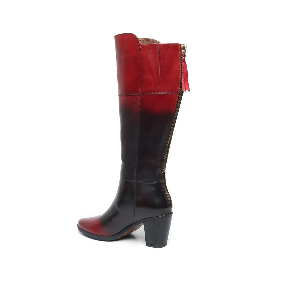 Knee Height Blocked Heel Boots with Dual Tone Black-Wine Genuine Leather By Brune & Bareskin