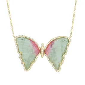 Large Green and Pink Tourmaline Butterfly Necklace with Diamonds