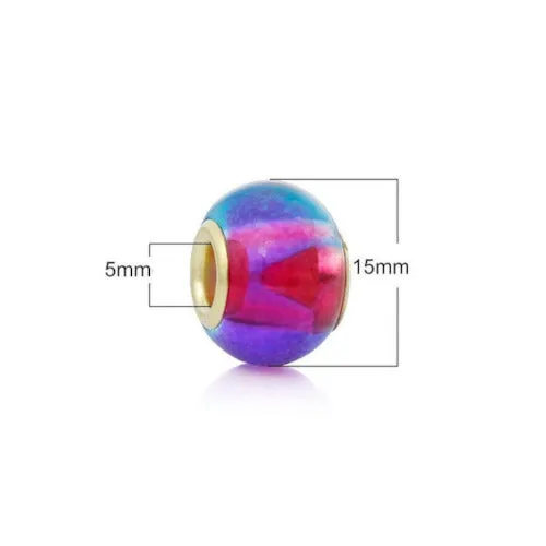 Large Hole Glass Beads, Pink, Blue, Two-Tone, Gold Plated Core, Rondelle, 15x12mm