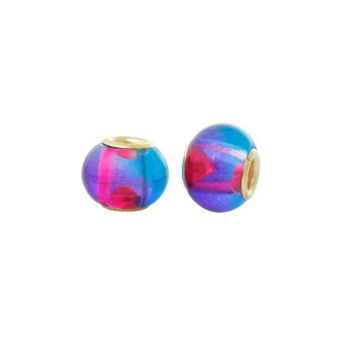 Large Hole Glass Beads, Pink, Blue, Two-Tone, Gold Plated Core, Rondelle, 15x12mm