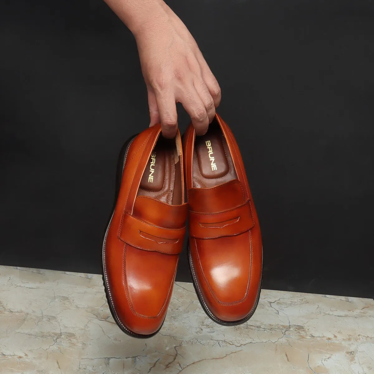 Light Weight Tan Leather Loafers with Black Sole