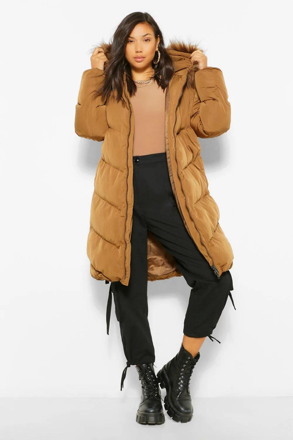 Longline Faux Fur Trim Quilt Puffer Jacket