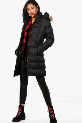 Longline Hooded Faux Fur Trim Puffer Jacket