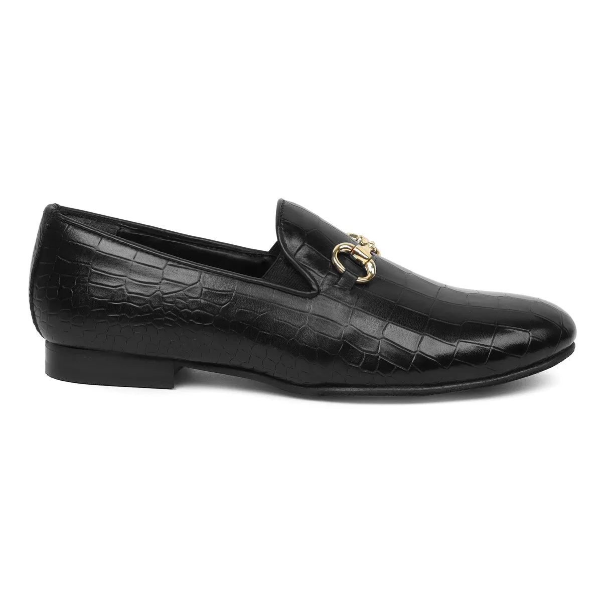 Men's Black Horse bit Loafers with Cut Croco Leather by Brune & Bareskin